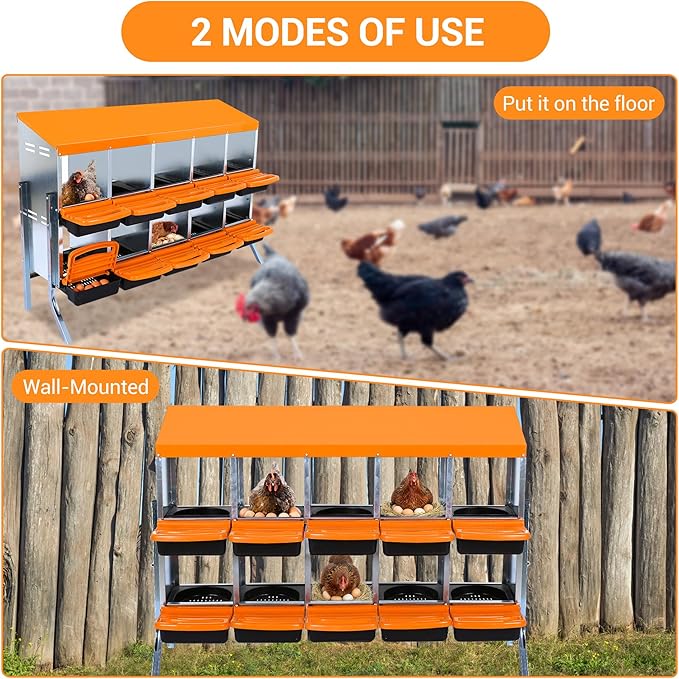 Chicken Nesting Box 10-Hole Roll Away Egg Laying Box with Lid & Stand, Galvanized Steel Rustproof Poultry Coop Box, Easy Clean, Wall Mountable No Bracket Needed for Hens, Orange