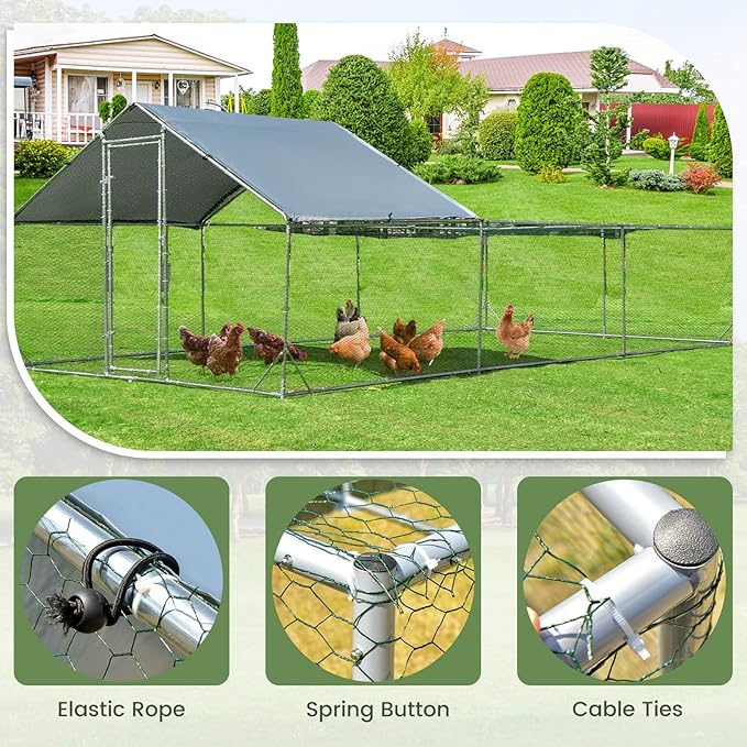Giantex 20ft Large Metal Chicken Coop, Walk-in Chicken Run Poultry Cage, Waterproof and Sun-Proof Cover, Galvanized Steel Frame, Hen Duck Rabbit House Outdoor Farm Yard (20 x 10 ft, Half Spire)