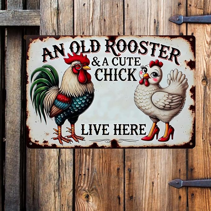 Vintage Chicken Coop Metal Signs - An Old Rooster & A Cute Chick Live Here Chicken Tin Sign, Funny Metal Signs Accessories Outdoor Home Wall Decor 8x12 inch