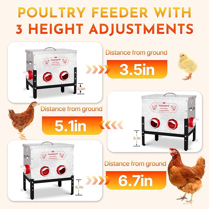 40Lb Automatic Chicken Feeder - No Waste Metal Chicken Feeders 6 Port Metal Silo with Locking Lid, Rat & Rodent Proof Weatherproof Design, Adjustable Legs for Poultry Outdoor Coop & Backyard Chickens