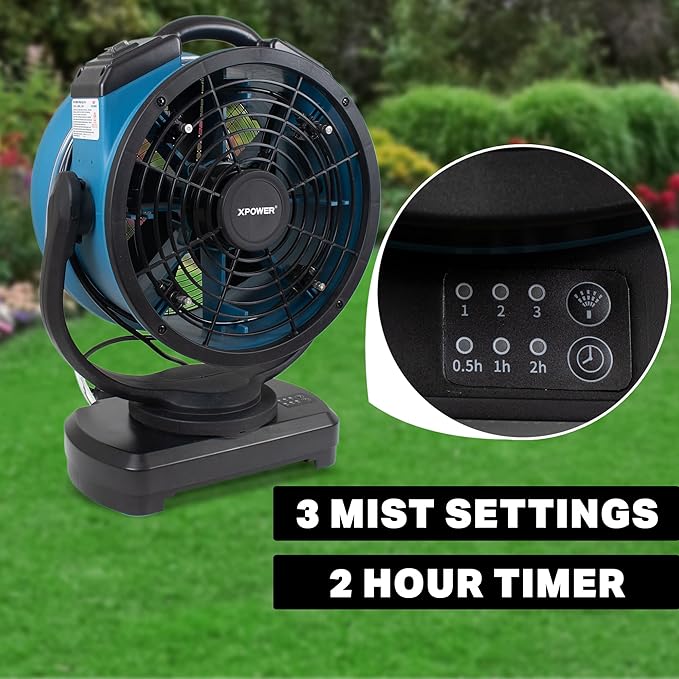 XPOWER Misting Fan FM-88W w/Water Pump, Mounts on 24 Gal Wheeled Reservoir, Cooling, Oscillating, High Velocity, 3-Speed, Industrial, 9 In