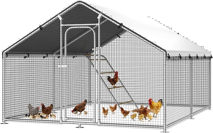 Large Metal Chicken Coop Run with Roosting Perch, Outdoor Poultry Cage with Heavy Duty Wire Mesh and UV-Resistant Cover for Chickens Use, Spire Roof (8.9'W x11.8'L x 6.6'H)
