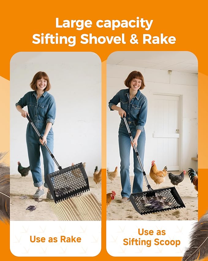 15 inches Large Chicken Poop Scooper & Rake 2-in-1, Adjustable Chicken Coop Pooper Shovel (37 to 77"), Sifting Litter Shovel Scoop for Chicken Coop/Goat Stall/Stable Cleaning Tool