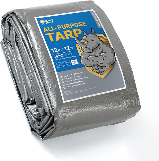 GUARD SHIELD Heavy Duty Tarp 12x12 Feet Silver/Black Multi Purpose Thick Waterproof Poly Tarp Cover 10mil