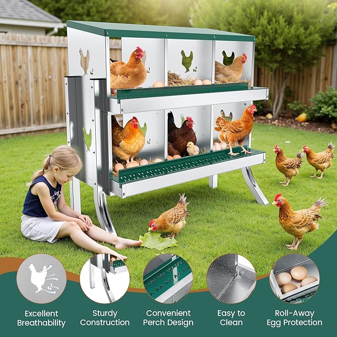 6 Compartment Chicken Nesting Box with Elevated Metal Legs - Heavy Duty Roll Away Egg Collection, Secure Lid & Perch - Versatile Wall Mount or Free Standing Design for Chickens, Hens, Ducks