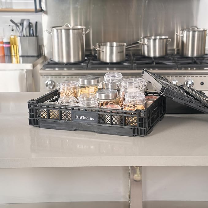 Restaurantware Plastic Milk Crates for Storage - 10 Pack - Cater Tek Stackable Storage Buns for Organizing - Collapsible Storage Basket for Groceries, Black