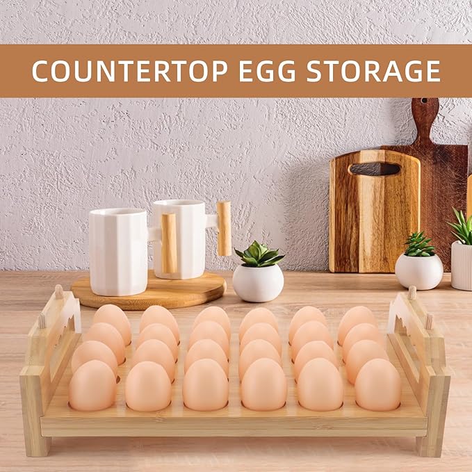 Bamboo Egg Holder 24 Pcs Eggs Rack Countertop Storage, Surface Paint & Handle Design for Kitchen Fresh Egg Holder Countertop and Fridge Egg Organizer