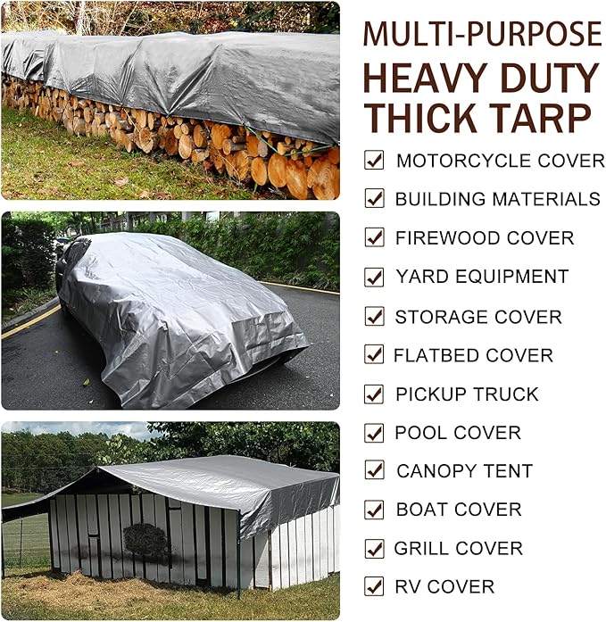 Sunvigor Tarp Waterproof 8x10Ft, Heavy Duty Tarp Cover Extra Thick 14 Mil Tear and UV Resistant, Outdoor Tarps with Grommets and Reinforced Edges for Roof, Camping, Patio, Pool, Boat (Silver/Brown)