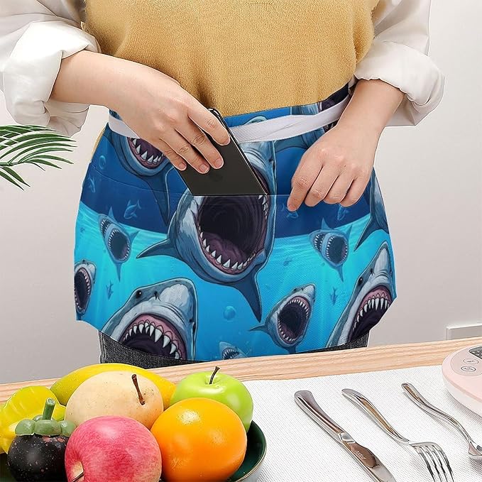 Unisex Chef Waiter Apron Waist Half Short Serving Aprons with 3 Pockets