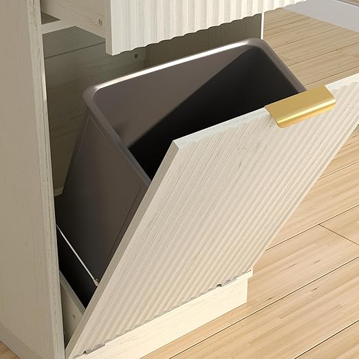 Woodgrain Tilt Out Trash Can Cabinet 13 Gallon, Hidden Kitchen Garbage Can with Drawer, Pull-Out Recycling Bin, Farmhouse Laundry Hamper Organizer (Ancient White)