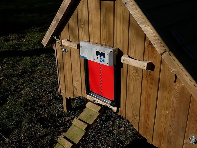 Automatic Chicken Coop Door Opener, ChickenGuard One in All 4 Colours, Timer/Light Sensing, Winter Mode, Auto-Stop & Predator Proof, 3 Power Options, Solar, Battery or Electric (Red + Batteries)