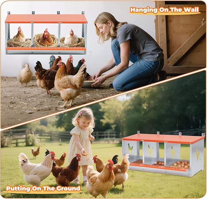 Chicken Nesting Box, 3 Compartment Metal Nesting Boxes for Chickens, Wall Mountable Chicken Laying Boxes, Easy Egg Collection, with Nesting Pads, Indoor & Outdoor Use, 31.8" L x 17" W x 15" H