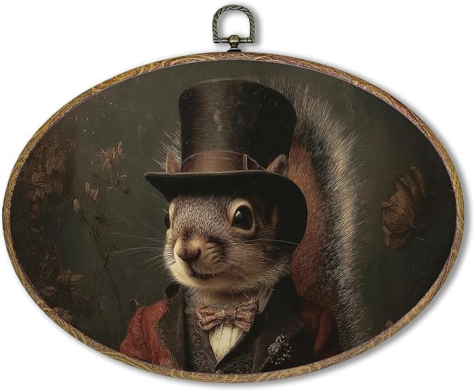 Hxlac Victorian Squirrel Rectangular Wall Art Framed, Vintage Victorian Style Animal Rectangular Wall Decor, Autumn Squirrel Hanging Canvas Prints Wall Sculptures for Farmhouse Home Room Decor, 11.5x8.5 Inch