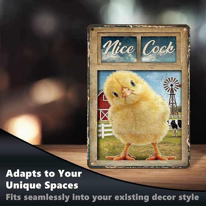 Funny Chicken Metal Signs Coop Decor Nice Cock Tin Signs Vintage Farmhouse Poster Rustic Wall Decor For Home Outdoor Farm Poultry House Cafe Bathroom Restroom Washroom Toilet 16 * 12 In