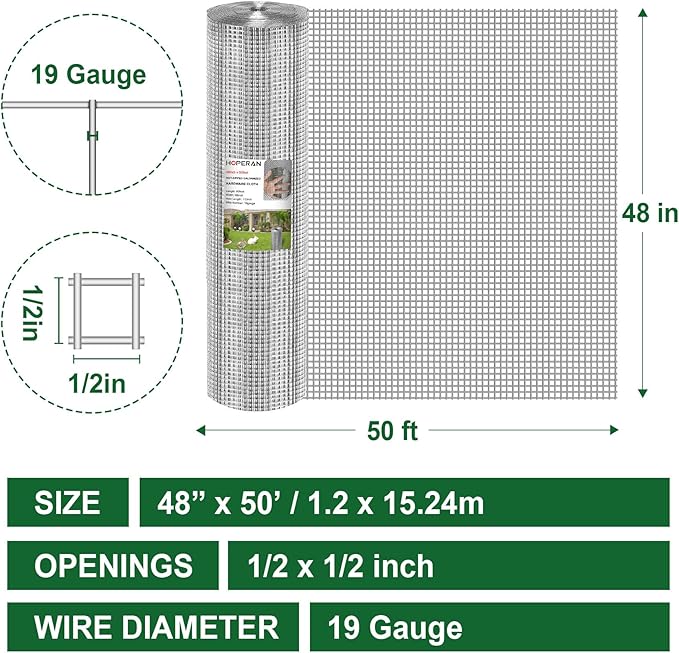 HOPERAN Hardware Cloth 1/2 Inch 48 x 50 ft - 19 Gauge Chicken Wire Fencing Mesh, Hot Dipped Galvanized After Welding, Wire Fence Rolls for Garden Fencing, Gopher Wire Rabbit Wire Poultry Netting