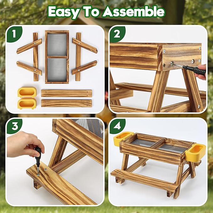 UUMENHA Carbonized Wooden Chicken Picnic Table Feeder with 2 Water Dispensers - No Waste Poultry Feeder, Easy to Clean & Fill, Suitable for Backyard Poultry/Squirrels, chicken Coop Accessories & Decor
