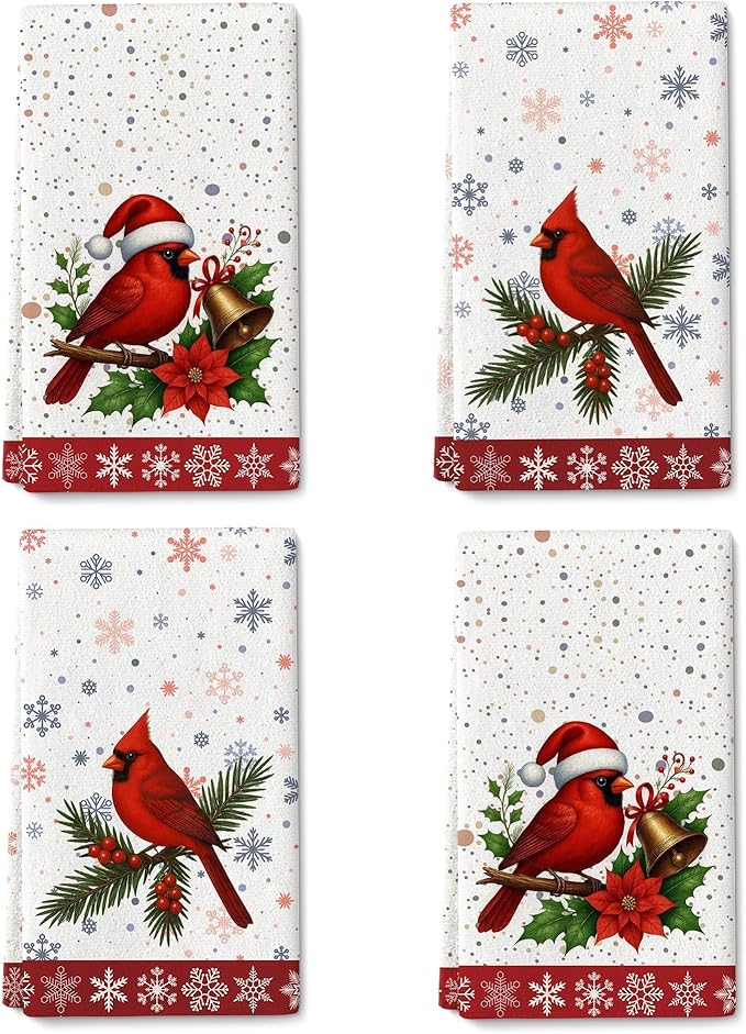 Christmas Kitchen Towels, Cardinal Winter Kitchen Decor Dish Towels Set Of 4, Cardinal Gifts for Women Friends Mom Wife, Absorbent Holiday Tea & Hand Towel Dish Cloths for Drying Baking Cooking