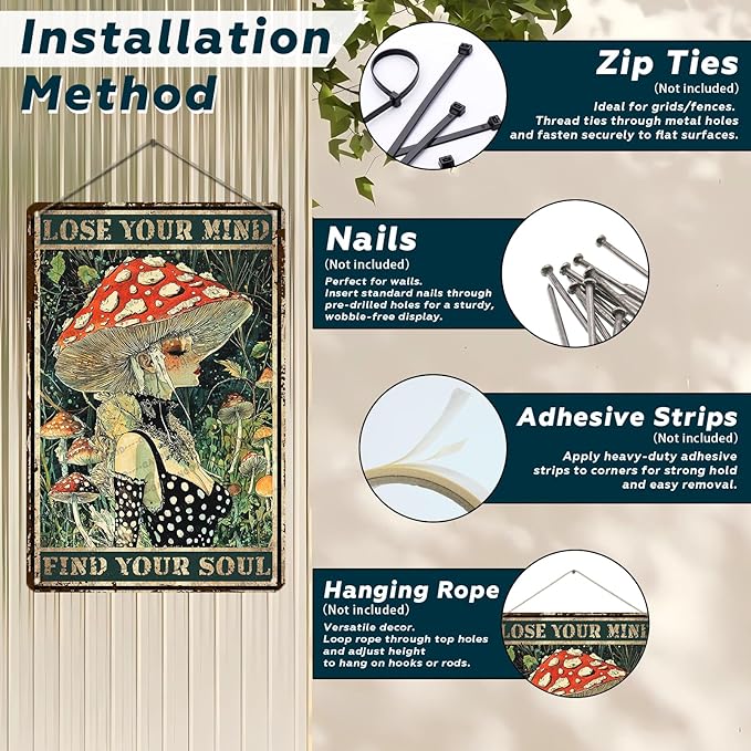 Mushroom Girl Metal Tin Sign Lose Mind Find Your Soul Retro Sign Vintage Aluminum Sign For Kitchen Home Cafe Garden 12x8 Inch