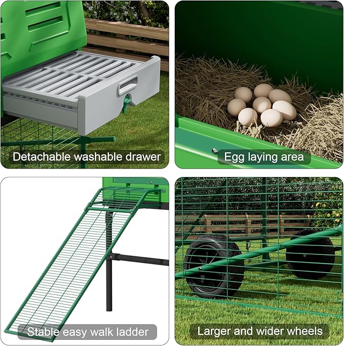 Durable Plastic Tall Chicken Coop with Run Outdoor - Portable Easy Assembly Chicken House with Insulated Besting Boxes, Waterproof Cover, Clean Drawer, Mobile Wheels (Standard)