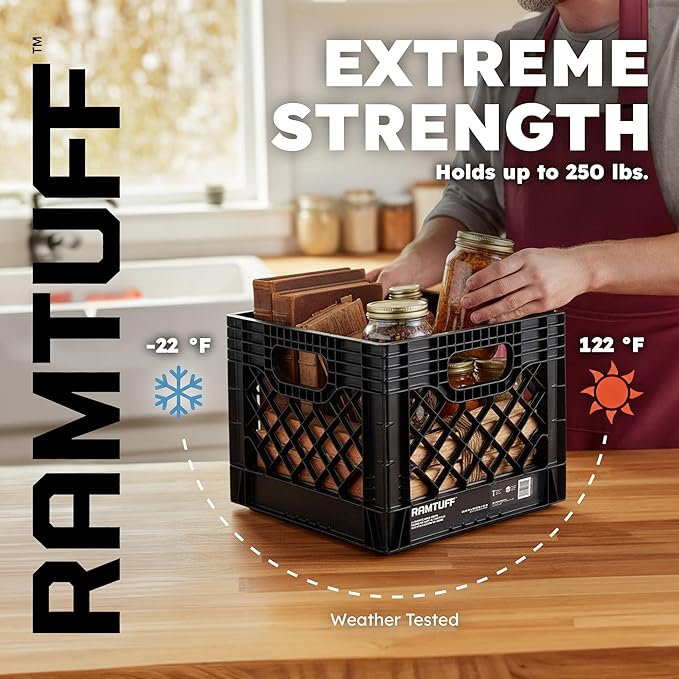 Ramtuff 1 Pack Storage Milk Crate, Durable Plastic Home Organizers, Stackable Box Set with Reinforced Handles, 250 lb Load Capacity, Black