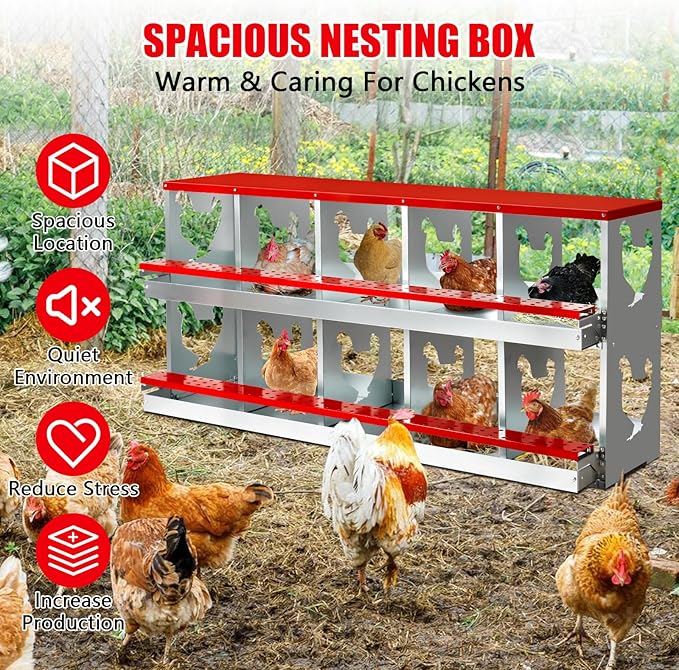 Chicken Nesting Box for Laying Eggs,10 Hole Roll Away Nesting Boxes,Chicken Laying Boxes with Large Vented Holes,Wall-Mountable Chicken Coop Nesting Boxes,Metal Laying Boxes for Hens,Ducks(Red)