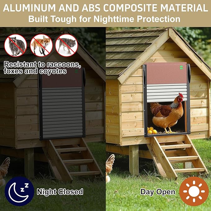 Automatic Chicken Coop Door, Chicken Door Programmable with App,Solar Chicken coop Door.Chicken Coop Door Timel& Light Sensor,Anti-Pinch,Remote Control,USB Rechargeable