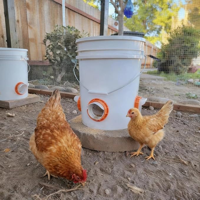 Chicken Feeder No Waste 12 Ports, Automatic Poultry Feeder with 12 Covers & 1 Hole Saw, Rain Proof Gravity DIY Chicken Feeders Kit for Buckets, Barrels, Bins (Orange)