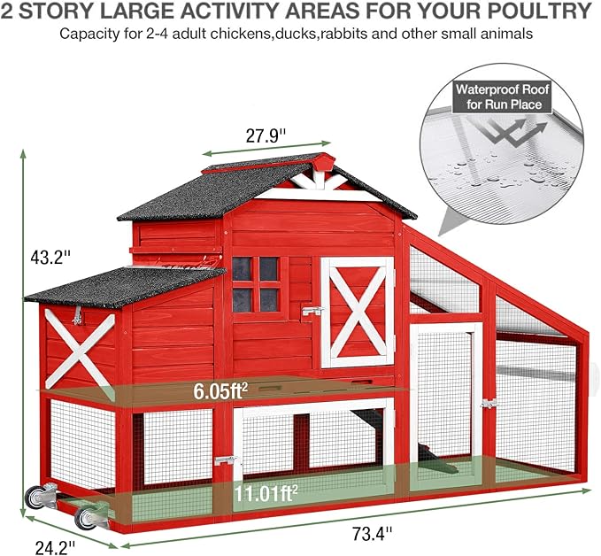 Outdoor Chicken Coop with Run, 2-Story Wooden Hen House with Wheels, Waterproof Roof & Pull-Out Tray for 2-4 Chickens (Red)