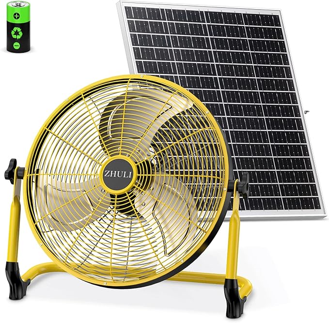 ZHULI 18" Solar Fan, Portable Battery Operated Floor Fan, Rechargeable Cordless Camping Fan, 40W Solar Panel, Hi-Velocity Brushless Motor, Metal blade, USB Phone Charge, 8~60H Runtime, Quiet, Wireless