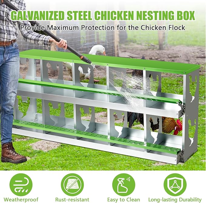 Chicken Nesting Box for Laying Eggs,10 Hole Roll Away Nesting Boxes,Chicken Laying Boxes with Large Vented Holes,Wall-Mountable Chicken Coop Nesting Boxes,Metal Laying Boxes for Hens,Ducks(Green)