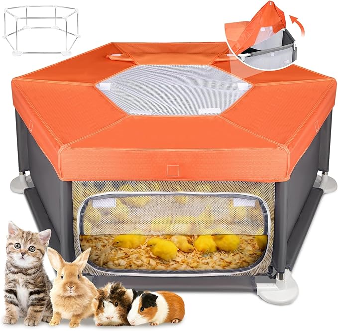 45"x45"x19.7" Sturdy Stainless Steel Frame Small Animal Playpen, Brooder Box for Chicks with Removable Roof & Bottom Pad for Easy Cleaning, Pet Playpen for Ducks, Kittens, Bunnies, Quails, Guinea Pigs