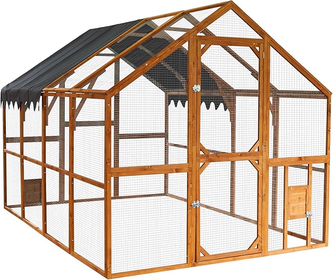 Large Wooden Chicken Coop with Weatherproof Cover – Poultry House for10-12Chickens, Ducks, Rabbits | 111x74x72‘’ Playpen, Ventilation, Locking Door & Easy Clean (Yellow)