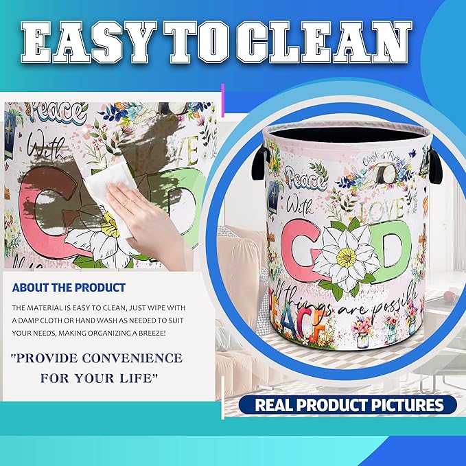 Christian Peace Laundry Basket God Bible Verse Oxford Cloth Laundry Hamper With Handle Foldable Portable Clothes Storage Basket 18.9 X 16.5 In Storage Bag For Laundry Room/Bathroom/Bedroom/Dormitories