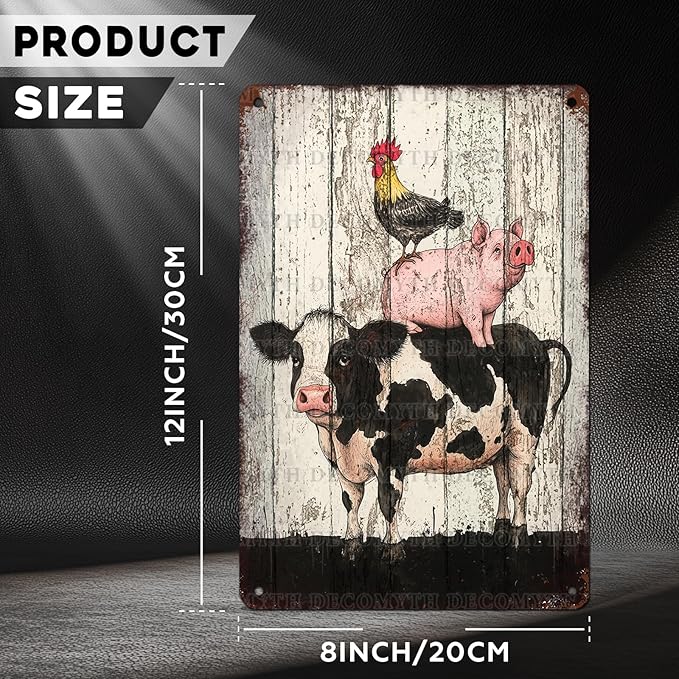 DecoMyth Vintage Chicken Cow Pig Tin Sign Retro Coop Wall Decor Nostalgic Art Funny Animals Rustic Metal Poster Outdoor Store Cafe Poultry House Pubs Farm Farmhouse 12 * 8inch