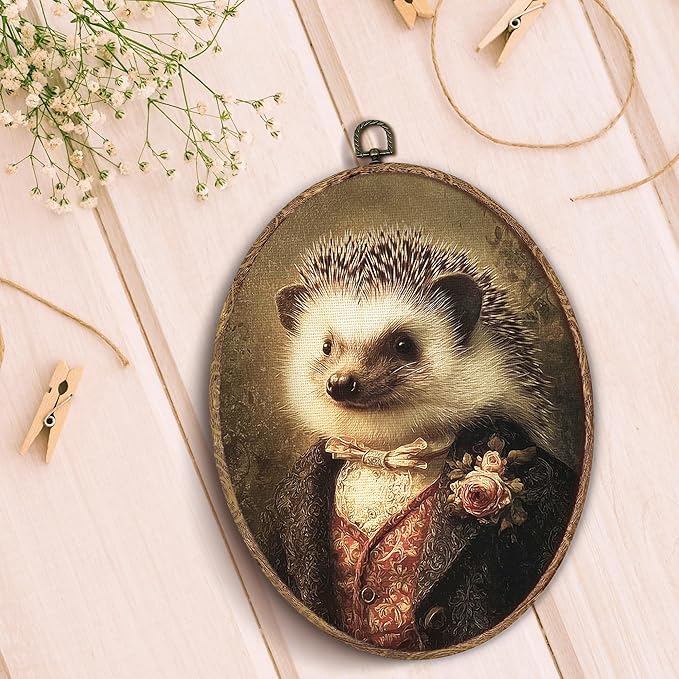 Hxlac Vintage Whimsical Hedgehog Oval Wall Art Framed, Renaissance Style Hedgehog Oval Wall Decor, Moody Animal Canvas Prints Wall Sculptures for Home Bedroom Living Room Gallery Decor, 8.5x11.5 Inch