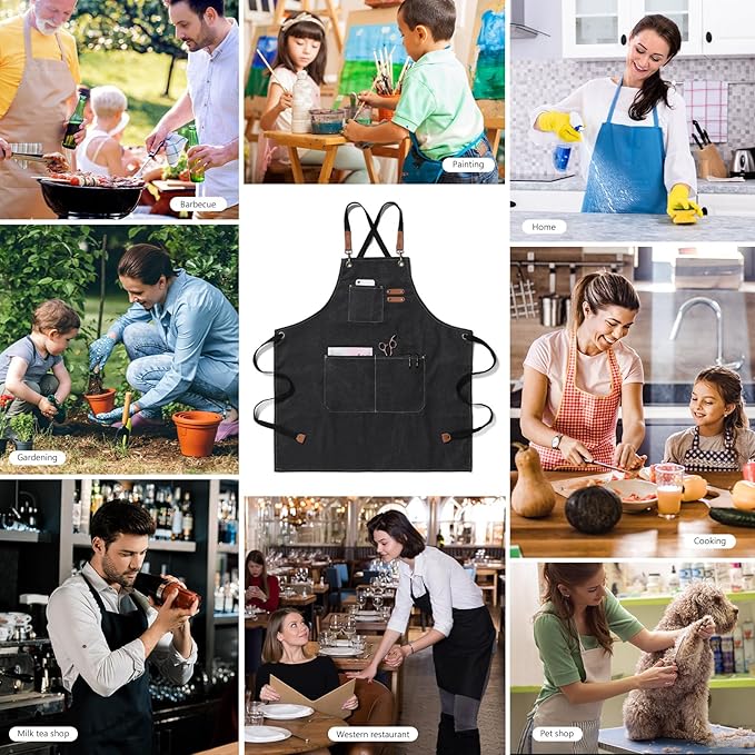 Unisex Aprons with Large Pockets,Cotton Canvas Cross Back Heavy Duty Adjustable Work Apron,Size Kids to Adult