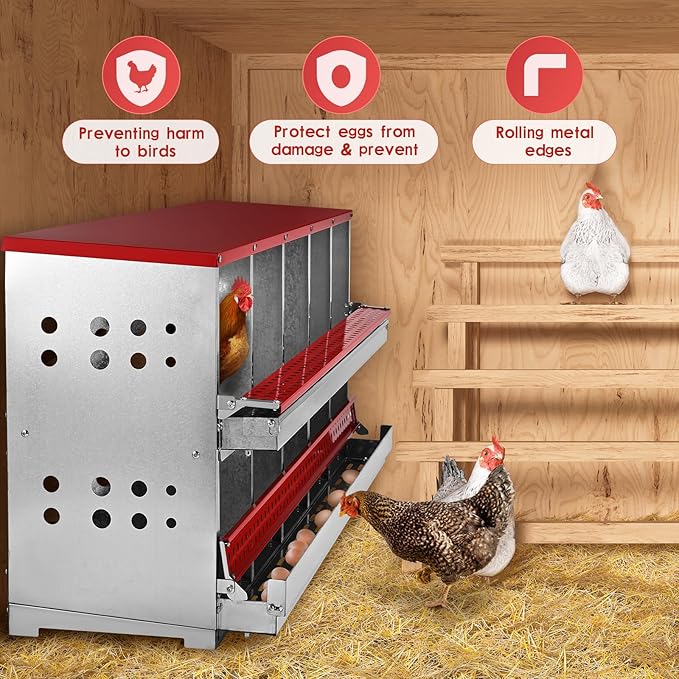 Chicken Nesting Box, 10 Compartment Metal Nesting Boxes for Chickens Laying Eggs, Rust Proofed Nest Box with Roll Away Egg Collection Laying Box for Chicken Coop Red