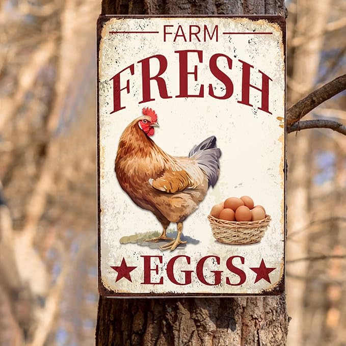Chicken Vintage Metal Poster Farm Fresh Eggs Sign Decor-Retro Aluminum Funny Metal Tin Sign for Kitchen Farmhouse Store Market Country Farm Barn Supermarket, Outdoor Wall Signs Gift, 12''x 8''