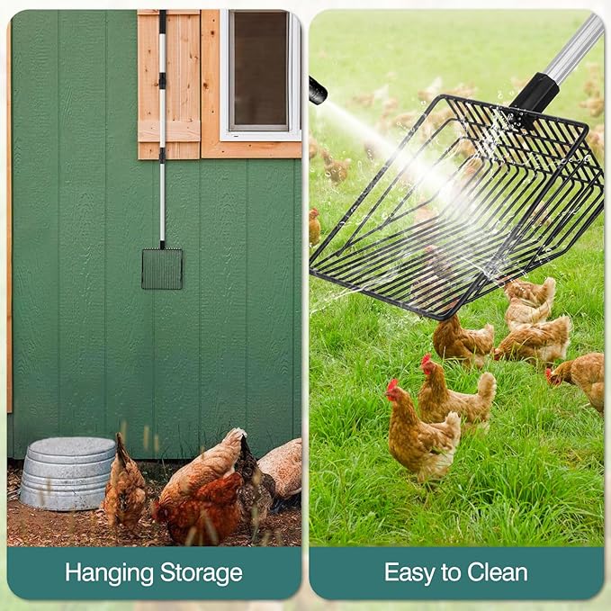 Chicken Poop Scooper - Chicken Coop Pooper Scooper Long Handle Stretchable with 2 Metal Coop Litter Scoop Stainless Steels Chicken Coop Cleaning Accessories Poultry Poop Scooper Tools