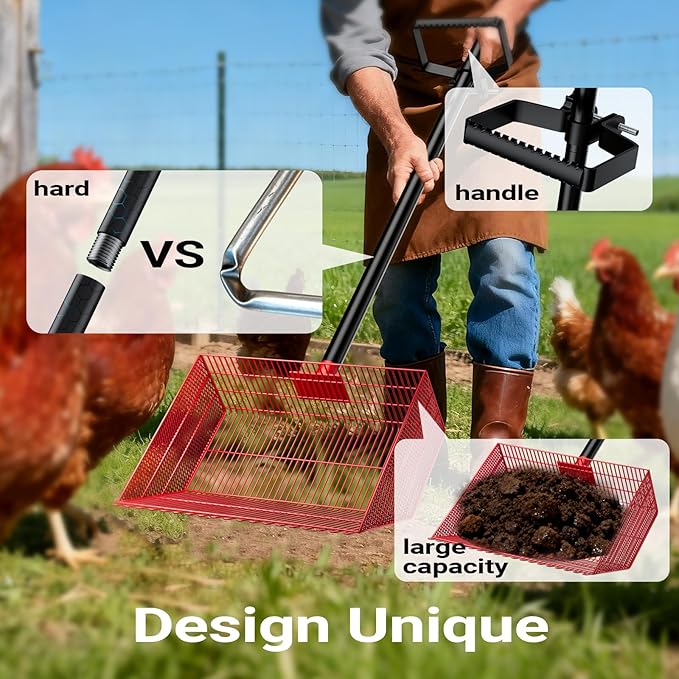 Chicken Poop Scooper with 12" Wide Heavy Duty Litter Shovel and Adjustable 25–73" Steel Handle, Multi-Section Detachable Pole Poop Rake for Easy Chicken Coop Cleaning, Durable Metal Accessories