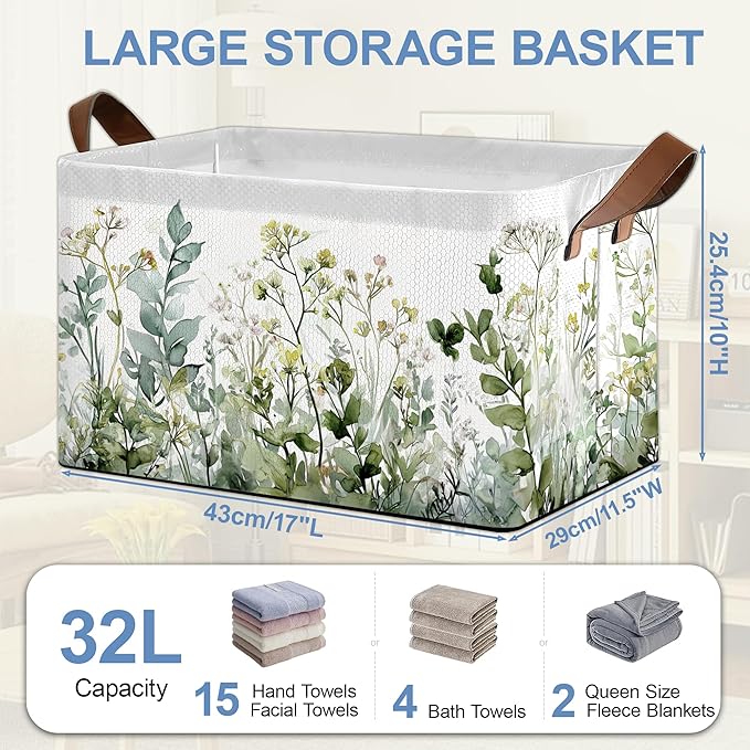 Wildflowers Herb Plants Storage Baskets,Foldable Large Capacity Organizer Bins with Waterproof Lining and Leather Handles for Closet,Shelf,Bedroom 17x11.5x10Inch