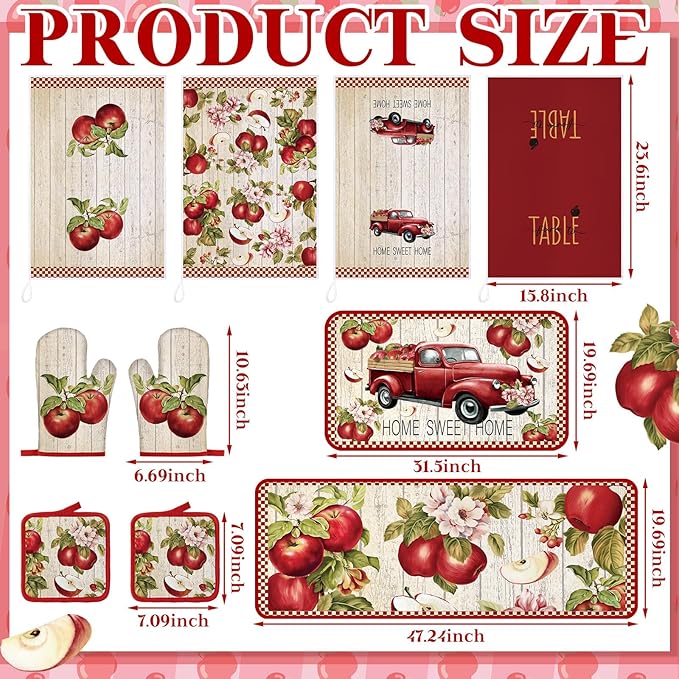 10 Pcs Apple Farmhouse Kitchen Decor Set Dish Towels Kitchen Rugs Oven Mitts and Pot Holders Set for Cooking Baking Grilling Women Mom Daughter Gift (Fruit Color)