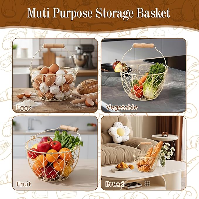 2 Pcs Egg Basket With Handle,Wire Egg Basket for Gathering Fresh Eggs, Round Egg Collecting Basket for Farm,Vintage Style Chicken and Duck Eggs Basket Egg Countertop Storage Container Holder ﻿(White)