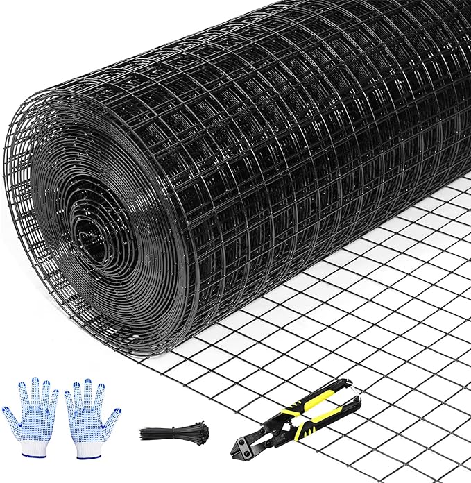 Tongmo 24" x 50' Black Hardware Cloth, 1inch Mesh Chicken Wire Fence, 19 Gauge Vinyl Coated Wire and Welded Wire Roll,Garden Fence, Poultry Netting for Rabbit/Duck/Chicken Coop