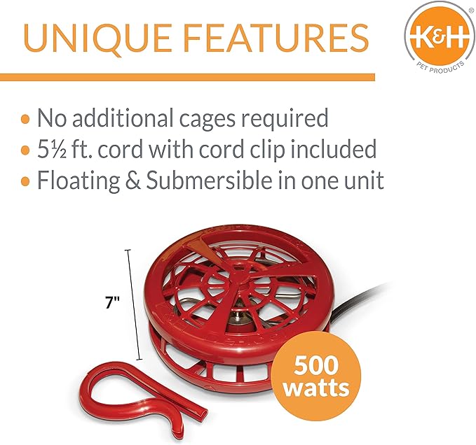 K&H Pet Products Stock Tank & Pond Heater, Ultimate Stock Tank Deicer w/ Cord Clip, Water Trough Heater for Horses, Cattle and Livestock, Full Cage, Floating, Submersible, Safety Listed - Red 500W
