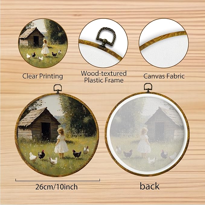Hiuwevt Farmhouse Round Wall Art Decor, Rustic Farm Scene Little Girl With Chickens Framed Canvas Prints, Cottagecore Countryside Round Wall Hanging Decor for Bedroom Home Decorations, 10x10 Inches