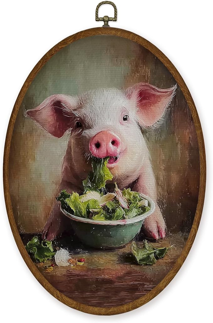 WULQYING Funny Pig Kitchen Wall Art Decor, Rustic Farmhouse Pig Oval Framed Canvas Art Prints, Country Farm Animal Wall Hanging Decor for Home Kitchen Dining Room, 8.6x11.4 Inches