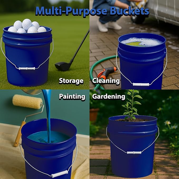 5-Gallon Bucket with Airtight Lid – Made in USA, Food Grade BPA Free Plastic, Heavy Duty Multi-Use, Metal Handle with Grip, Stackable Storage – Fina Blue, 6 Pack
