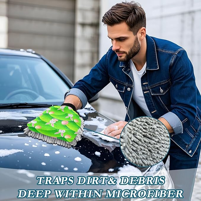 Emelivor Easter Bunny Egg Meadow Car Wash Mitt Microfiber Cleaning Gloves Brush Scrub Mitts Pads Non Scratch for Car Home Cleaning 2 Pack