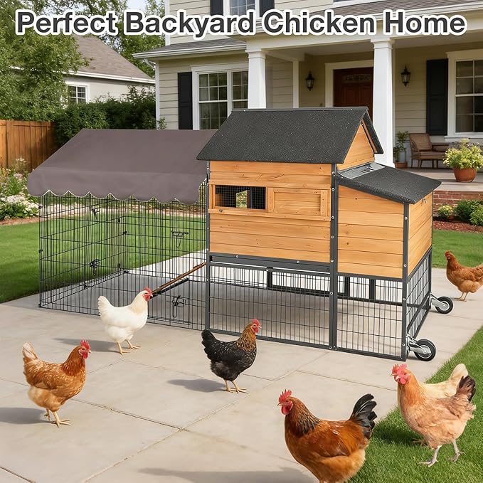 85.6" Chicken Coop with Wheels and Large Run, Heavy Duty Metal Frame Wooden Hen House for 4-6 Chickens, Mobile Poultry Cage with 3 Nesting Boxes, Waterproof Asphalt Roof & Anti-Predator Locks